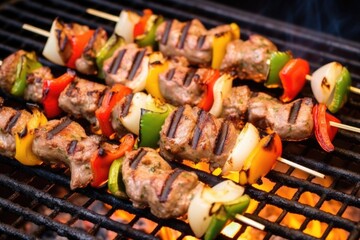 up close image of grilled lamb kebabs with pepper and onion