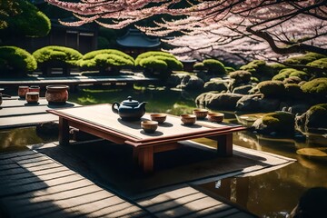 a serene Japanese tea garden scene