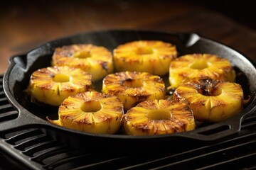 pineapple slices searing on a cast-iron pan