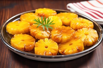 caramelized pineapple slices on a ceramic dish