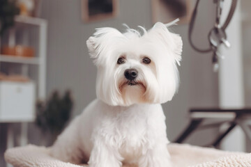Caring for a haircut for a pet, grooming a white small dog at the barber, close-up. AI generated. - obrazy, fototapety, plakaty