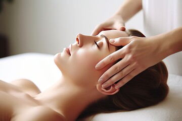 SPA massage of head, neck of happy woman. Beautiful body wellness relaxation. AI generated.