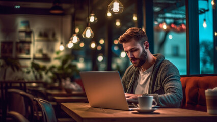 Person working on laptop in cafe, working online