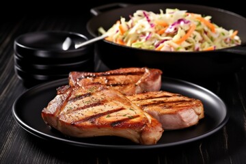 grilled pork chops with a side of coleslaw on a black plate