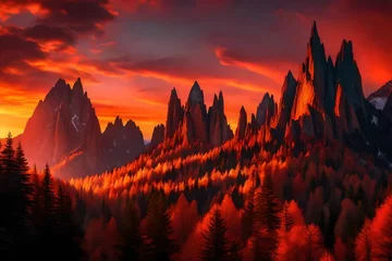 Poster a surreal, dreamlike landscape with towering, jagged mountains © Rao