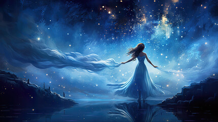 a beautiful girl dancing in night under a lot of stars on sky - obrazy, fototapety, plakaty