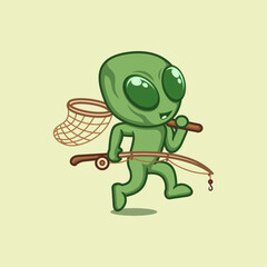 cute cartoon alien is fishing