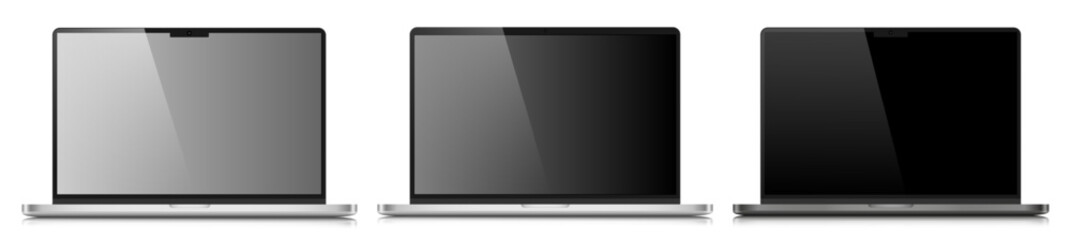 A set of realistic laptop layouts in a silver metal case with reflection. Three laptops with gray and black screens on a white background. Vector illustration.