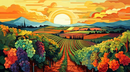 illustration of fields of fruits van gogh style clean vector, Generative ai