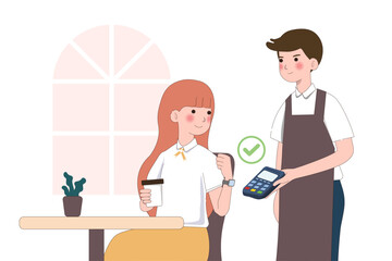 Customer use mobile cashless payment system or scan qr code. Characters using virtual credit card on smartwatch. Hand paying with POS terminals and NFC technology. vector illustration