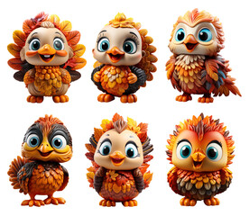 Fototapeta premium Set of Cute 3D Turkey chicken thanksgiving on transparent background. cutout, PNG file. for template product presentation.