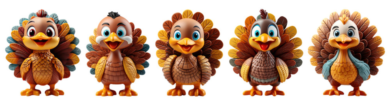 Set of Cute 3D Turkey chicken thanksgiving on transparent background. cutout, PNG file. for template product presentation.