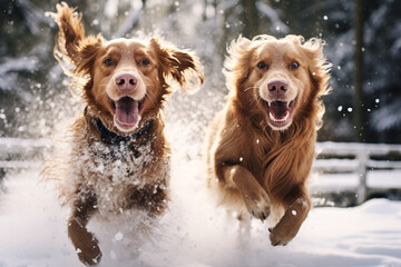 Two funny golden retriever dogs running in the snow