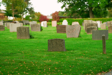 A Peaceful Day in the Historic Cemetery. Graveyard on a sunny day. Cemetery graveyard white and grey tombstones. Serenity Among the Tombstones on a Sunny Day