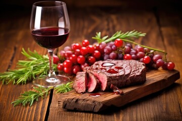 grilled steak on rustic wood with red wine