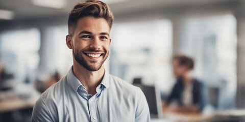 Hundsome American man good employee nice fashion half body eye contact and background empty space for design in USA