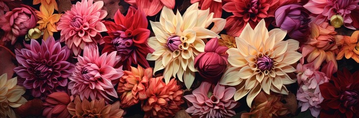 Vibrant Dahlia Assortment: A Captivating Display of Colors and Blooms - obrazy, fototapety, plakaty