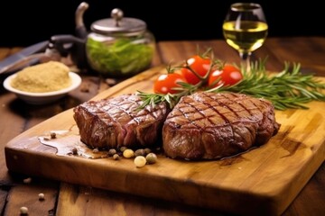 grilled ribeye steak served on a wooden board