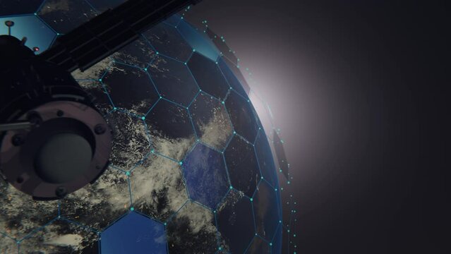Concept Data transfer. Artificial satellite of the earth. a satellite flying in space over the globe. 3d render