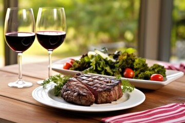 table with grilled ribeye, red wine, and green salad