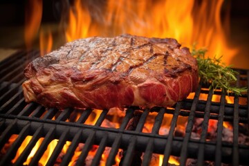 ribeye steak on grill, fire and smoke visible