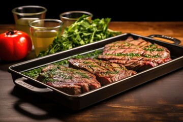 serving tray with freshly grilled ribeye and chimichurri