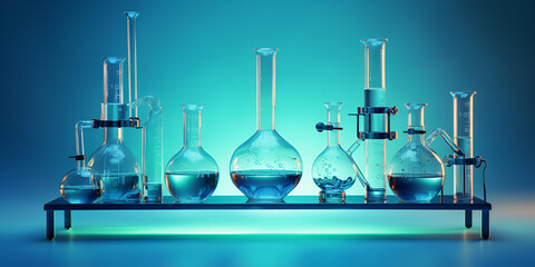 A blue background with a chemistry lab on a table with lots of different colors of stuff inside. Some glassware and some bio stuff too. AI Generative  - obrazy, fototapety, plakaty