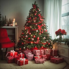 Fototapeta na wymiar a beautiful Christmas tree dressed in red Bows.