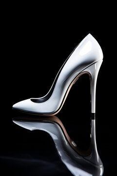 White high heeled shoe with black background and reflection.