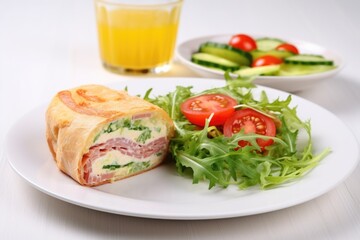 Fototapeta na wymiar brick-pressed sandwich with salad on porcelain white plate