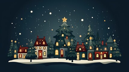 Fototapeta premium Cute Christmas houses in a row. Christmas New Year banner. Cozy winter scene illustration in vintage style 