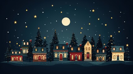Cute Christmas houses in a row. Christmas New Year banner. Cozy winter scene illustration in vintage style	
