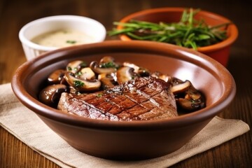 juicy grilled sirloin steak with mushroom sauce served in a bowl
