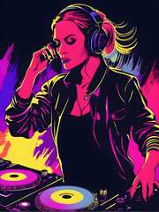 Young dj girl dancing in a dark and colorful nightclub, lifestyle concept, generative ai