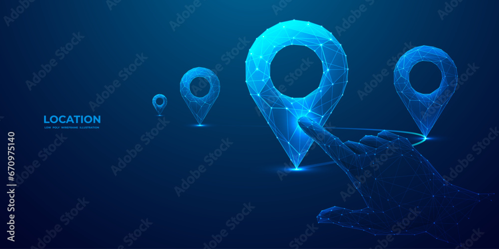 Poster Light blue GPS pin and human hand. Digital finger touching on abstract location pin mark on technology background. Low poly wireframe vector illustration in futuristic technology hologram style.