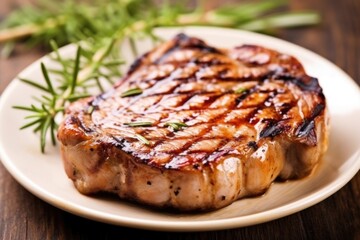 close-up of a grilled pork chop with a rosemary garnish