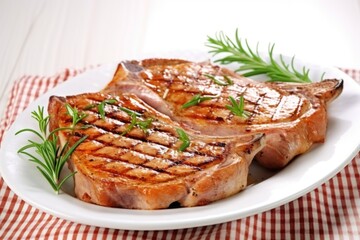 pork chops with grill lines on a white ceramic dish
