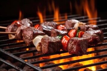skewered beef cubes over a flaming grill