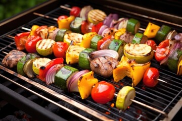 grilled steak and vegetable skewers on a hot grill