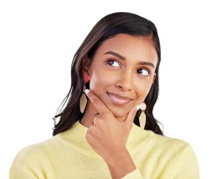 Thinking, idea and hand on face of Indian woman on isolated, transparent and png background. Planning, choice and female person with decision, brainstorming and smile for solution or problem solving