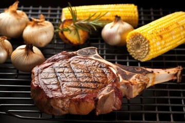 t-bone steak on a grill with corn on the cob and potatoes