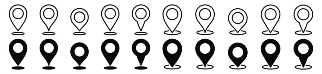Location pin icon set. Map pin place marker. Map pointer line icon symbol on white background. GPS location. Vector illustration - obrazy, fototapety, plakaty