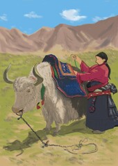a ladakhi girl in a mountain area with a yak in a traditional dress