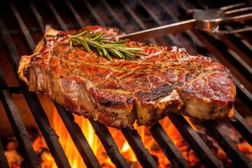 t-bone steak on a barbecue spatula above the grill with flames