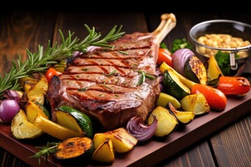 grilled t-bone steak accompanied by grilled vegetables