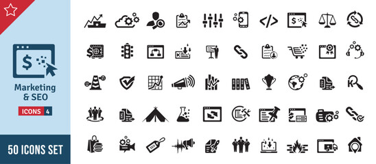 Marketing & SEO Icon Set. Search Engine Optimization, Advertising, Website, Business, Marketing, Traffic, Ranking, Optimization, Keyword & Many More. Solid Vector Icons Collection
