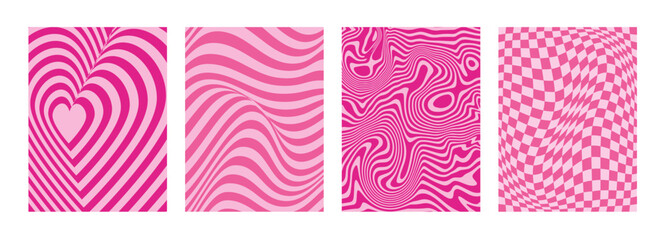 Psychedelic abstract pink background. Y2k glamour aesthetic. 2000s. Girly doll mood. Vibrant pink hypnotic illusions, swirls. Liquify waves. Groovy checkered board. Backdrop, banner, cover, card. 