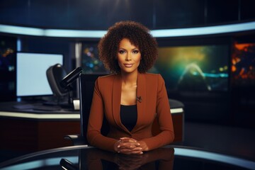Fototapeta na wymiar Professional female presenter reporting on current events live from news studio on tv