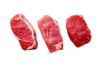 Three pieces of raw steak isolated on transparent or white background, png
