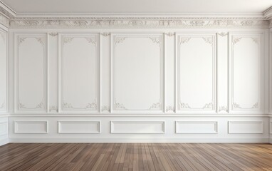 Empty room with white wall. Classic style moldings and wooden floor. Elegant interior background...